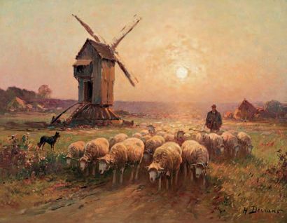 DERIANS H. « Berger et son troupeau au coucher de soleil » Huile sur toile. Signée...