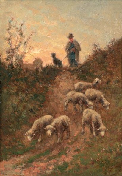 CHAIGNEAU Ferdinand (1830-1906) « Le père Chicorée conduisant son troupeau » Huile...