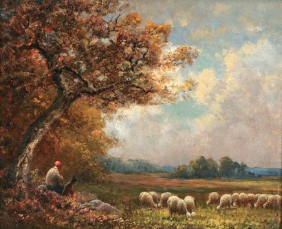 CHAIGNEAU Paul (XIX-XXe) « Les moutons, plaine de Chailly » Huile sur panneau. Signée...