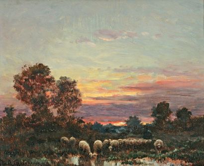 CHAIGNEAU Paul (XIX-XXe) « Berger et son troupeau au soleil couchant » Huile sur...