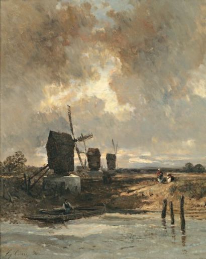CICERI Eugène (1813-1890) « Le passage du bac près des Moulins » Huile sur panneau....