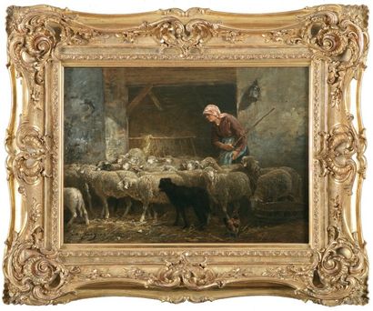 JACQUE Charles (1813-1894) « La grande bergerie » Huile sur toile. Signée en bas...