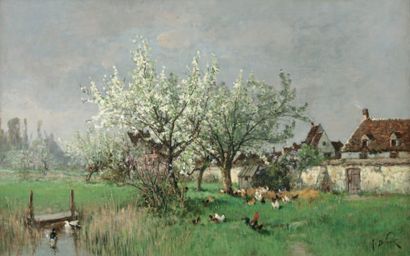 DEFAUX Alexandre (1826-1900) « Le printemps à Barbizon » Huile sur toile. Signée...