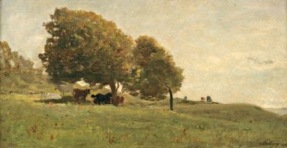 DAUBIGNY Charles François (1817-1878) « Paturage à Villerville » Huile sur panneau....