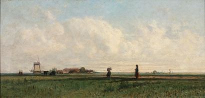 LAVIEILLE Eugène (1820-1889) « Paysage au moulin » Huile sur panneau. Signée en bas...