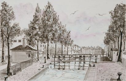 null Canal Saint-Martin à Paris
Plume, lavis et aquarelle, signée en bas à droite
35...