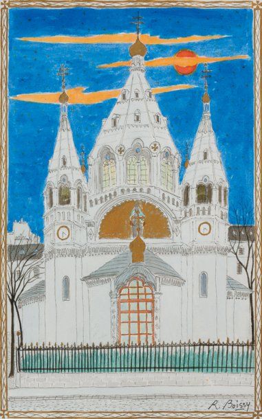 Eglise russe Plume, lavis et aquarelle signée...