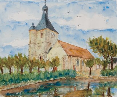 null L'église Prouais (Eure-et-Loir)
Plume et aquarelle, signée en bas à gauche 37...