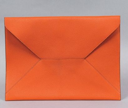 HERMÈS Paris made in France Enveloppe à courrier en cuir gréné orange, très bon ...
