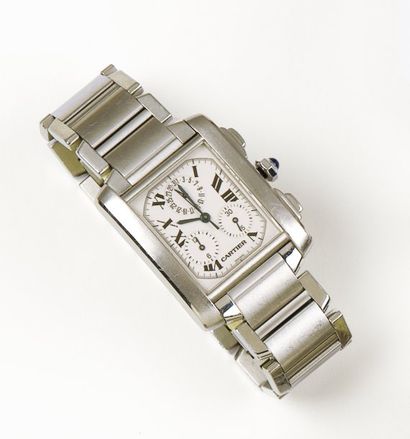 CARTIER «TANK FRANCAISE CHRONOGRAPHE» Bracelet montre chronographe en acier. Cadran...