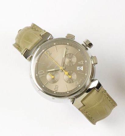 LOUIS VUITTON «TAMBOUR CHRONOGRAPHE» Montre de poignet chronographe en acier. Cadran...