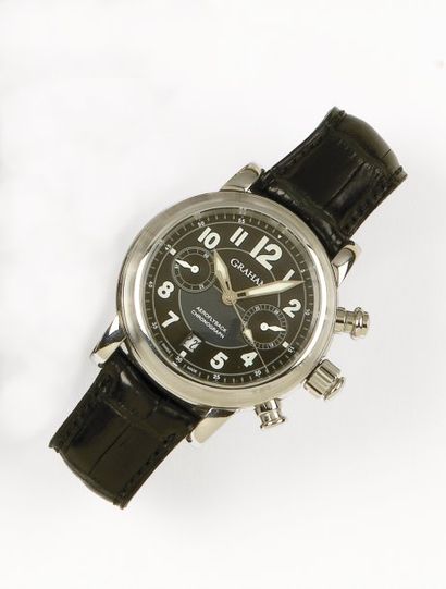 GRAHAM «AEROFLYBACK» Montre de poignet chronographe en acier. Cadran noir à deux...