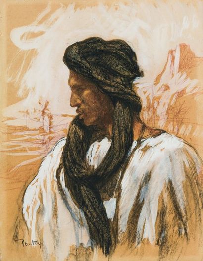Henri PONTOY (1888-1968) Homme du sud marocain de profil. Fusain, sanguine et rehauts...