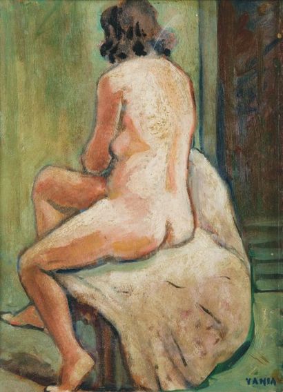 Yahia TURKI (1902-1969) Femme nue assise vu de dos. Huile sur panneau, signée en...