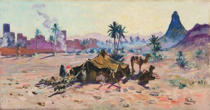 Henri PONTOY (1888-1968) Campement aux abords de Ksour, sud marocain. Huile sur toile,...
