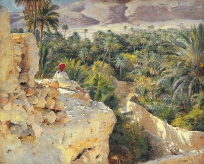 Étienne DINET (1861-1929) Vue aérienne de la palmeraie, Bou Saâda. Huile sur toile,...