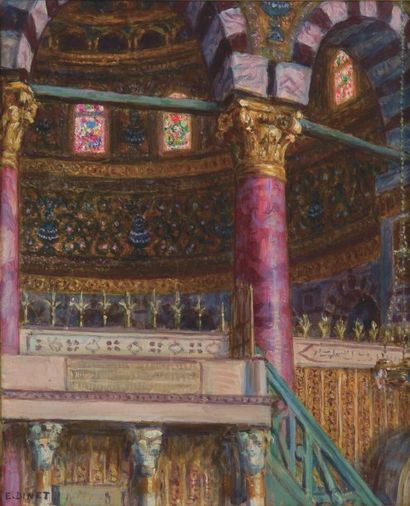 Étienne DINET (1861-1929) Intérieur de Mosquée. Huile sur papier, signée en bas à...