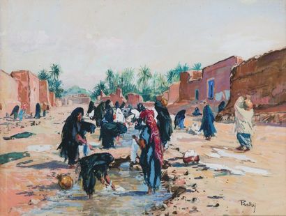Henri PONTOY (1888-1968) Lavandières dans l'oued, sud marocain. Gouache, signée en...