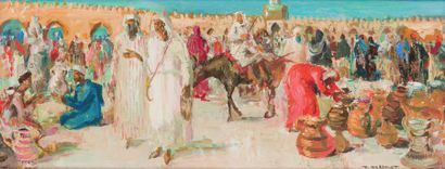 Paul DAXHELET (1905-1993) Scène de marché à Meknés. Huile sur panneau, signée en...