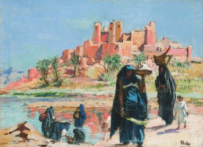 Henry PONTOY (1888-1968) Ksar et femmes au bord de l'Oued. Huile sur toile, signée...
