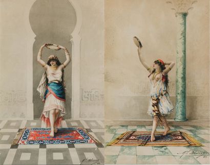 Marcel BLAIRAT (1849- ?) Odalisques au tambourin. Paire d'aquarelles, signées et...