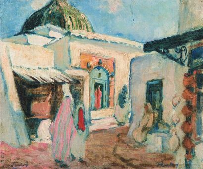 Henri PONTOY (1888-1968) Le Souk des Armes. Tunis. Huile sur toile marouflée sur...