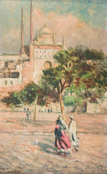 Edwin HARRIS (1855-1906) Aux pieds de la Citadelle du Caire. Huile sur carton, signé...