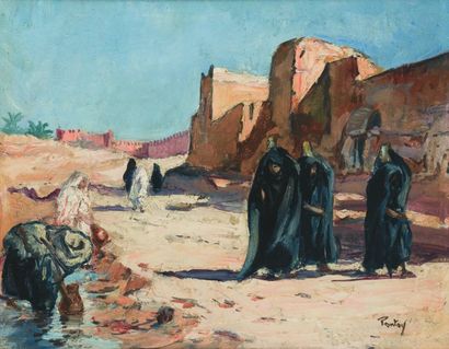 Henri PONTOY (1888-1968) Porteuses d'eau, casbah du Sud. Huile sur panneau, signée...