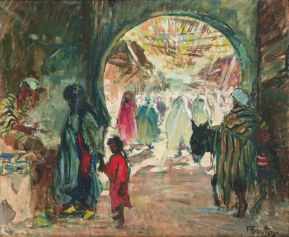 Henri PONTOY (1888-1968) Le souk de Meknès. Huile sur toile, signée en bas à droite....