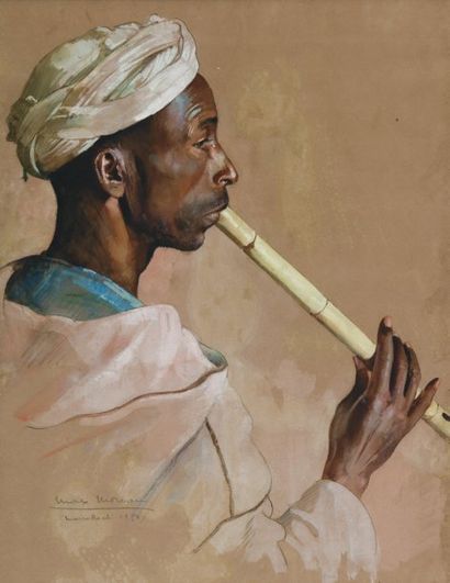 Max MOREAU (1902-1992) Le jeune flûtiste gnaoua, Marrakech, 1950. Aquarelle et gouache,...