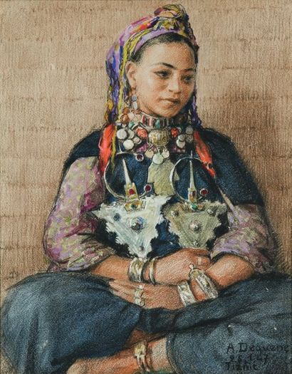 Albert DEQUENE (1897-1973) Jeune marocaine aux bijoux. Pastel et fusain, signé en...