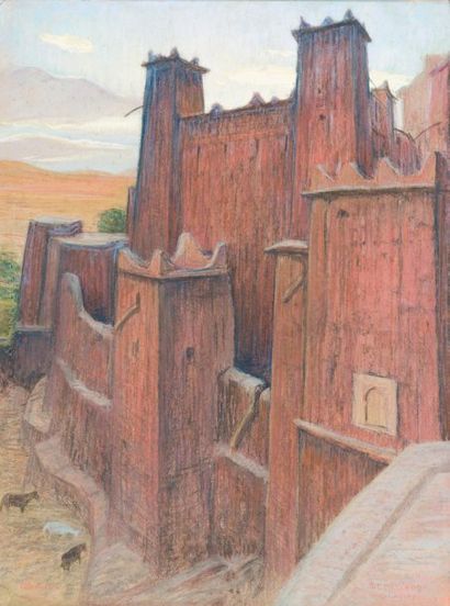 Maurice RODIEUX (1876-1927) « Casbah de Aït Benadou, Anti-Atlas ». Pastel sur papier,...