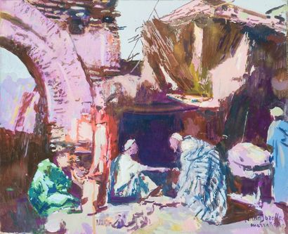 Jacques MAJORELLE (1886-1962) Ruelle du souk à Marrakech. Détrempe sur toile, signée...