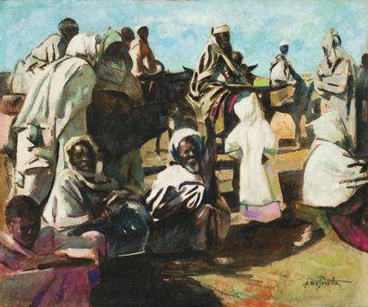 Jacques MAJORELLE (1886-1962) L'arrivée au souk, Marrakech. Huile sur toile, signée...