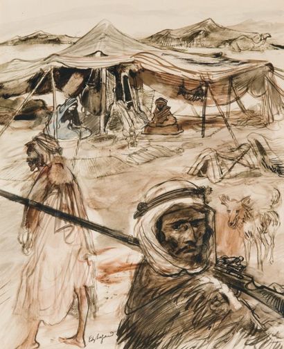 Edouard EDY-LEGRAND (1892-1970) Bédouins devant leur tente. Plume, encre de Chine...