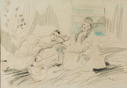 Edouard EDY-LEGRAND (1892-1970) Deux jeunes marocaines prenant le thé. Crayon, plume...