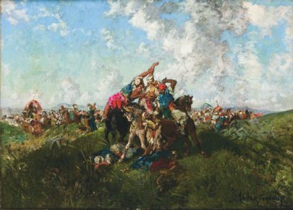 Alfred CHATAUD (1833-1908) L'attaque de la caravane. Huile sur toile, signée en bas...