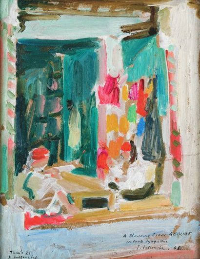Jules LELLOUCHE (1903-1963) Dans les souks de Tunis. Huile sur carton, signée en...