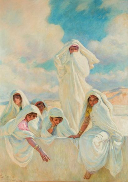 Albert AUBLET (1851-1938) Femmes voilées sur les toits de Tunis. Huile sur toile,...