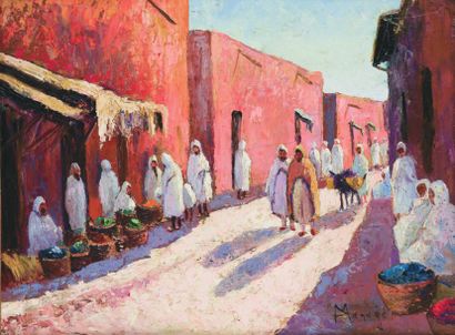 Vincent MANAGO (1880-1936) Ruelle animée en Tunisie. Huile sur panneau, signée en...