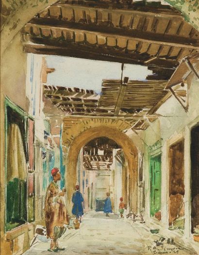 P. A. SIMONI (XXème siècle) Rue animée à Tunis. Aquarelle, signée en bas à droite...