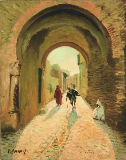 Vincent MANAGO (1880-1936) Ruelle animée en Tunisie. Huile sur toile, signée en bas...