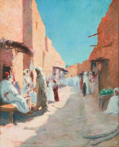 Charles MANCIET (1874-?) Rue animée à Sidi Okba. Huile sur toile, signée en bas à...