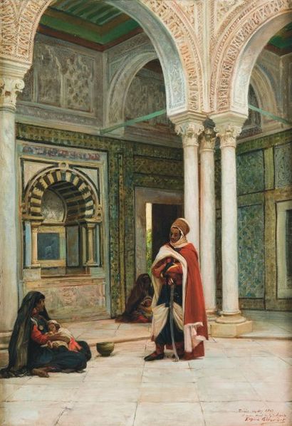 Eugène GIRARDET (1853-1907) Dans la cour du palais. Huile sur toile, signée, datée...