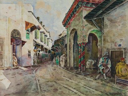 Charles TOCHE (1851-1916) Rue du Souk El Belat, Tunis, mars 93. Aquarelle, signée...