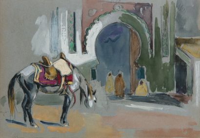 null Cheval devant la porte d'une ville. Crayon, gouache et aquarelle. 24 x 35 c...