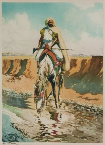 Maurice ROMBERG DE VAUCORBEIL (1862-1943) Halte à l'Oued du cavalier marocain. Aquatinte...
