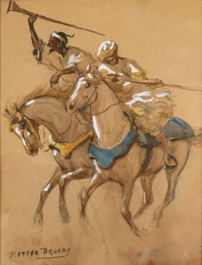 Mattéo BRONDY (1866-1844) Fantasia au Maroc. Aquarelle gouachée, signée en bas à...