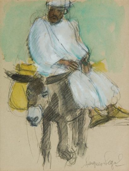 Jacques SEGAL (Né en 1938) Deux personnages - Homme sur son âne. Crayon et gouache,...