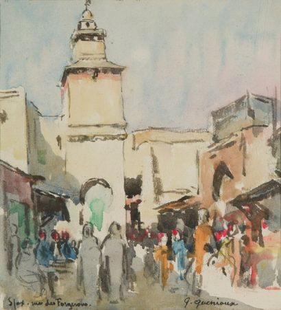 Gustave QUENIOUX (1865-1949) « Rue des forgerons, Sfax ». Aquarelle, signée en bas...